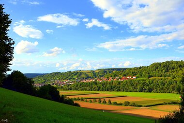 Ortsansicht von Mulfingen von Jagstberg aus mit Wiesen und Feldern | © Touristikgemeinschaft Hohenlohe e. V. | Andreas Schmelz