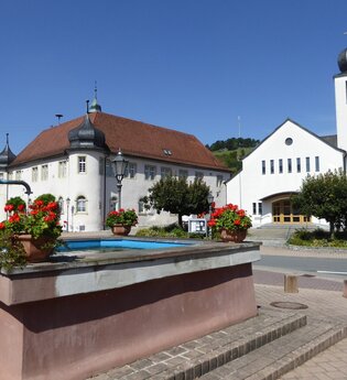 Blick auf das Wasserschloss in Unterschüpf. Im Vordergrund ist ein Sandsteinbrunnen mit Blumenschmuck zu sehen. | © Liebliches Taubertal