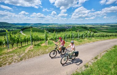 Radfahrer fahren durch Hohenloher Weinberge | © Touristikgemeinschaft Hohenlohe | Florian Trykowski