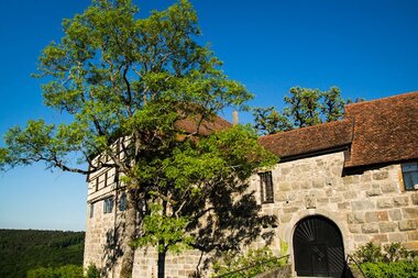 Die Burg ist von Bäumen umgeben | © Touristikgemeinschaft Hohenlohe e. V. | Gemeinde Wüstenrot